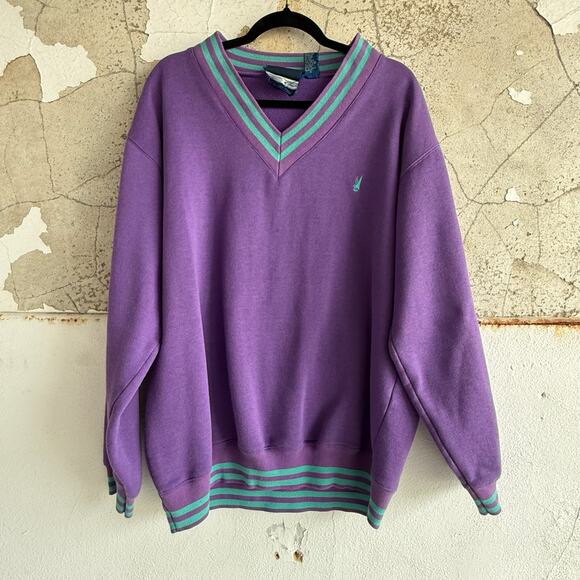 Vintage Preppy Sweatshirt Purple Teal Mens L Fleece Pullover Retro Sport Dadcore - Picture 1 of 6
